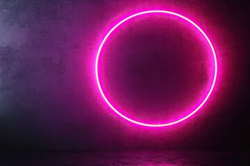 Product Presentation, Pink neon circle light glowing, vibrant purple hue, dark background, minimal design, abstract wall art, modern decor
