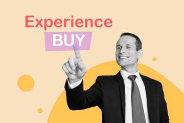 Creative collage young businessman entrepreneur touch finger buy experience courses skills education corporate career promotion specialist