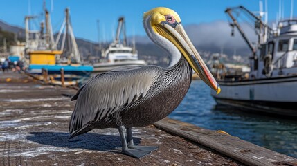A pelican stands on a wooden dock with boats in the background.