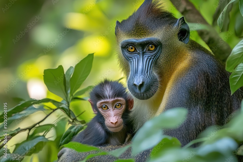 Wall mural A mother monkey and her baby sit together amidst lush green foliage.