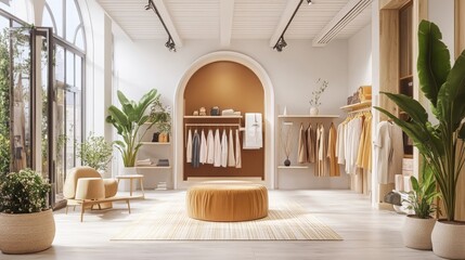 3D render of a fashion shop interior, stylishly designed. --a