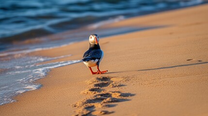 A puffin walking along a sandy beach with gentle waves in the background.
