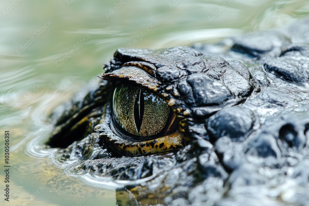 Poster Close-up of a crocodile's eye partially submerged in water.