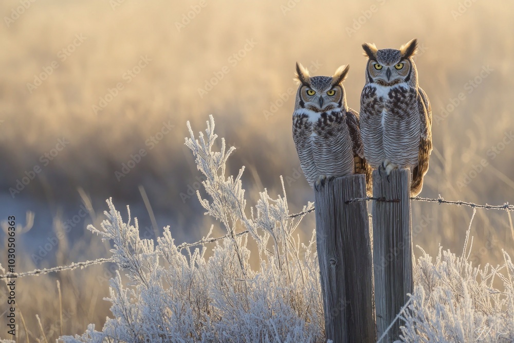 Wall mural Two owls perched on a fence post in a frosty landscape during sunrise.