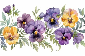 watercolor of pansy in various color and angle. ai generated