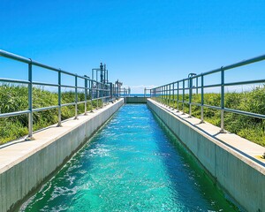 The energy of water harnessed in a modern desalination plant, providing fresh water from the sea, desalination plant, water technology