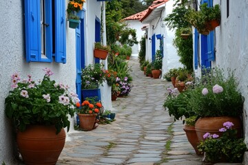 Naklejka premium A charming cobblestone path lined with colorful flowers and blue-shuttered houses.