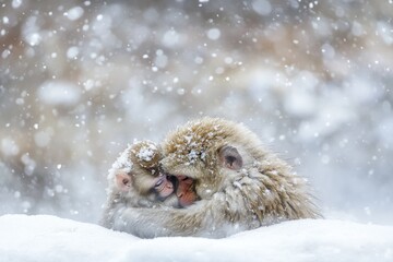 Obraz premium Two monkeys cuddling in the snow, showcasing warmth and affection in a winter setting.