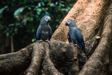 Obraz premium Two grey parrots perched on a large tree root in a lush, green environment.