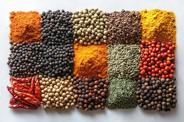 A collection of spices and herbs are laid out in a grid