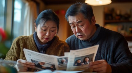 Obraz premium A couple reading a newspaper together, displaying concern and engagement.