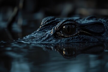 Fototapeta premium Close-up of a crocodile's eye partially submerged in dark water.