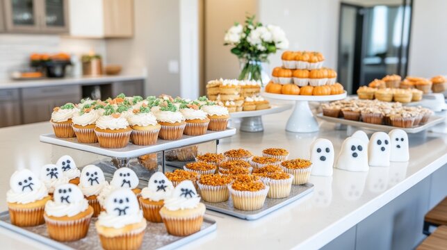 Halloween cake decorating party in a suburban American kitchen kids frosting pumpkin cupcakes