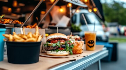 Halloween carnival at an American high school spooky food booths offering monster burgers