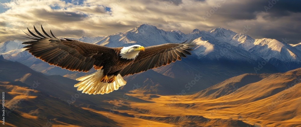 Wall mural An eagle soars majestically over a mountainous landscape at sunset.