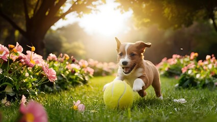 A dog playing with a yellow ball in the grass