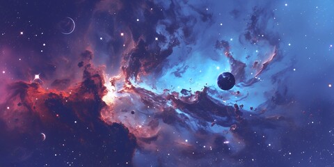 Fototapeta premium A swirling nebula in deep space, illuminated by a distant star. A lone planet floats in the foreground, casting a long shadow on the gas clouds.