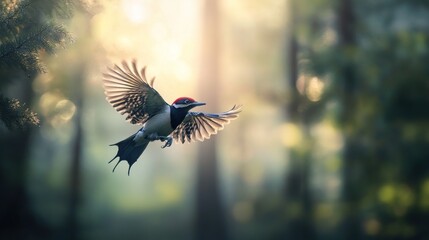 Fototapeta premium A woodpecker in flight amidst a serene forest backdrop, capturing nature's beauty.