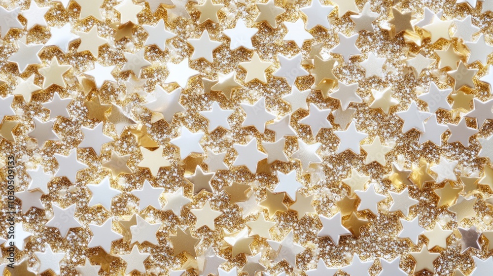 Sticker A shimmering background of gold and white star-shaped confetti.