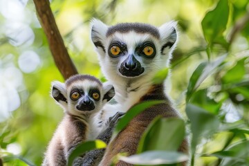 Obraz premium A close-up of a lemur and its baby perched among lush green foliage.