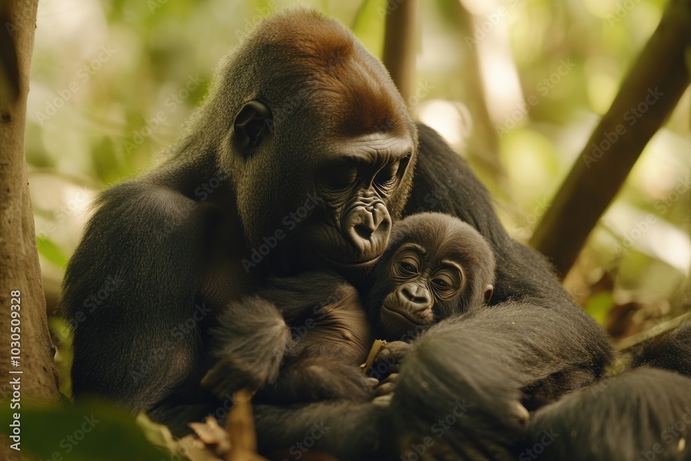 Wall mural A gorilla mother lovingly embraces her baby in a lush, green forest setting.