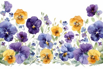 watercolor of pansy in various color and angle. ai generated