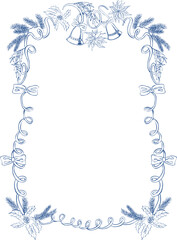 Christmas vintage ink floral frame with ribbon, bell, pine tree