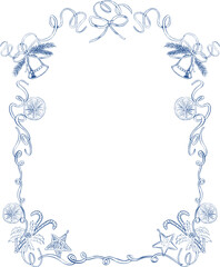 Christmas vintage ink floral frame with ribbon, bell, pine tree