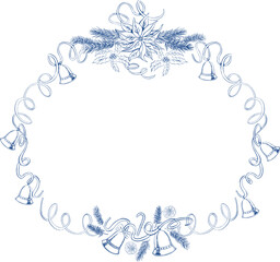 Blue chinoiserie Christmas vintage ink floral frame with ribbon, bell, pine tree