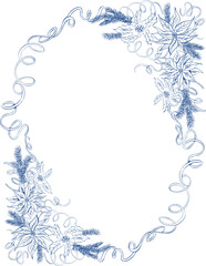 Christmas vintage ink floral frame with ribbon, bell, pine tree