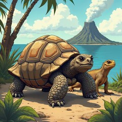 Tortoise and dinosaur near a volcano, adventurous mood, in a lush landscape