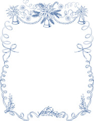 Baroque line art Christmas vintage ink floral frame with ribbon, bell, pine tree