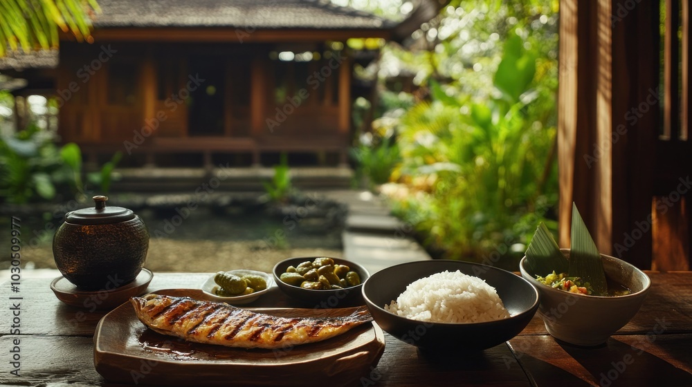 Sticker A beautifully arranged meal featuring grilled fish, rice, and fresh vegetables in a serene setting.