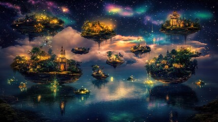 Obraz premium A fantastical landscape of floating islands illuminated at night, showcasing magical architecture.