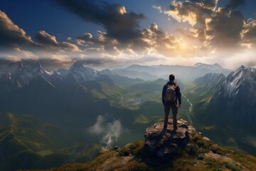 Fototapeta premium Photo of a backpacker on the top of the mountain.