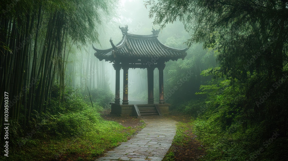 Sticker A serene bamboo grove with a traditional pavilion shrouded in mist.