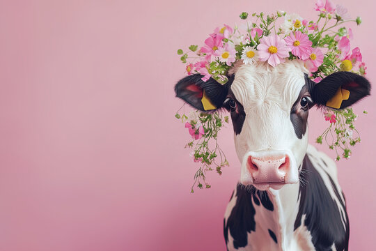 adorable black and white spotted cow with flowers crown on head on pink background with copy space