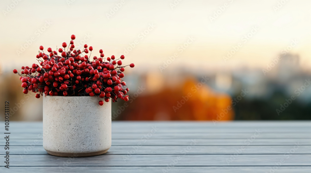 Poster red berries bouquet in vase standing on empty wooden table with a cityscape in the background