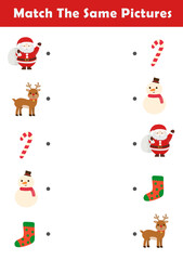 Christmas activity sheet. Find same picture worksheet for kids. Worksheet for kids kindergarten, preschool and school age. Education game for children with cute christmas illustration. 