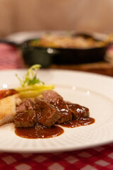 Pan-fried steak and cod with black pepper sauce, Western main course