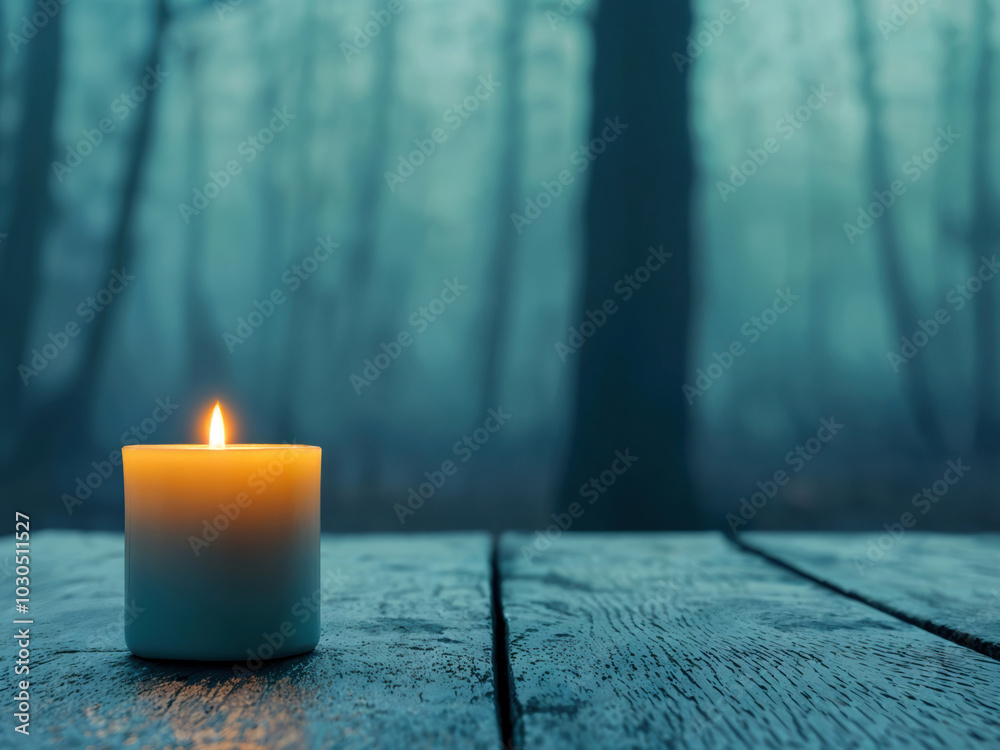 Poster Single candle burning on an empty table in a dark forest, creating a mysterious and evocative atmosphere
