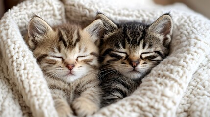 Two adorable kittens snuggled together in a cozy blanket.