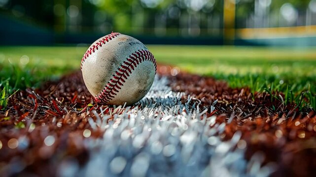 A baseball rests on the white line of a baseball field on a sunny day