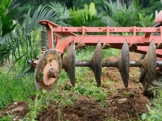 Tractor plowing soil in oil palm plantation
