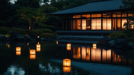 Fototapeta premium Serene evening scene with lanterns reflecting on a tranquil pond beside a traditional building.