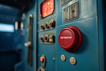 Close-up of a self-destruct button on a control panel in a blue room with various gauges and switches from a machine. Generative AI
