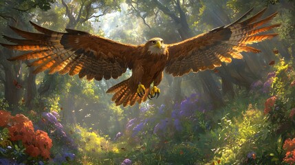 Fototapeta premium Majestic eagle soaring gracefully over a vibrant forest landscape.