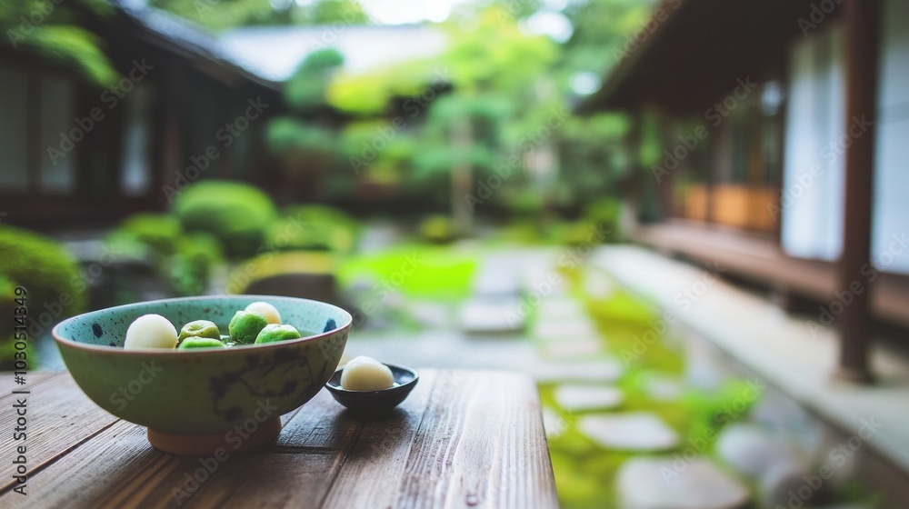 Sticker A serene garden scene featuring a bowl of colorful fruits on a wooden table.