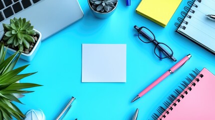 A blank post-it note on a white desk, with all surrounding objects including books, notebooks, pens, bright plants, and warm lighting, contributing to a modern and peaceful workspace.
