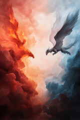 Fototapeta premium dragon and gryphon are locked in fierce aerial battle amidst swirling clouds of fire and smoke, showcasing dramatic clash of elemental forces